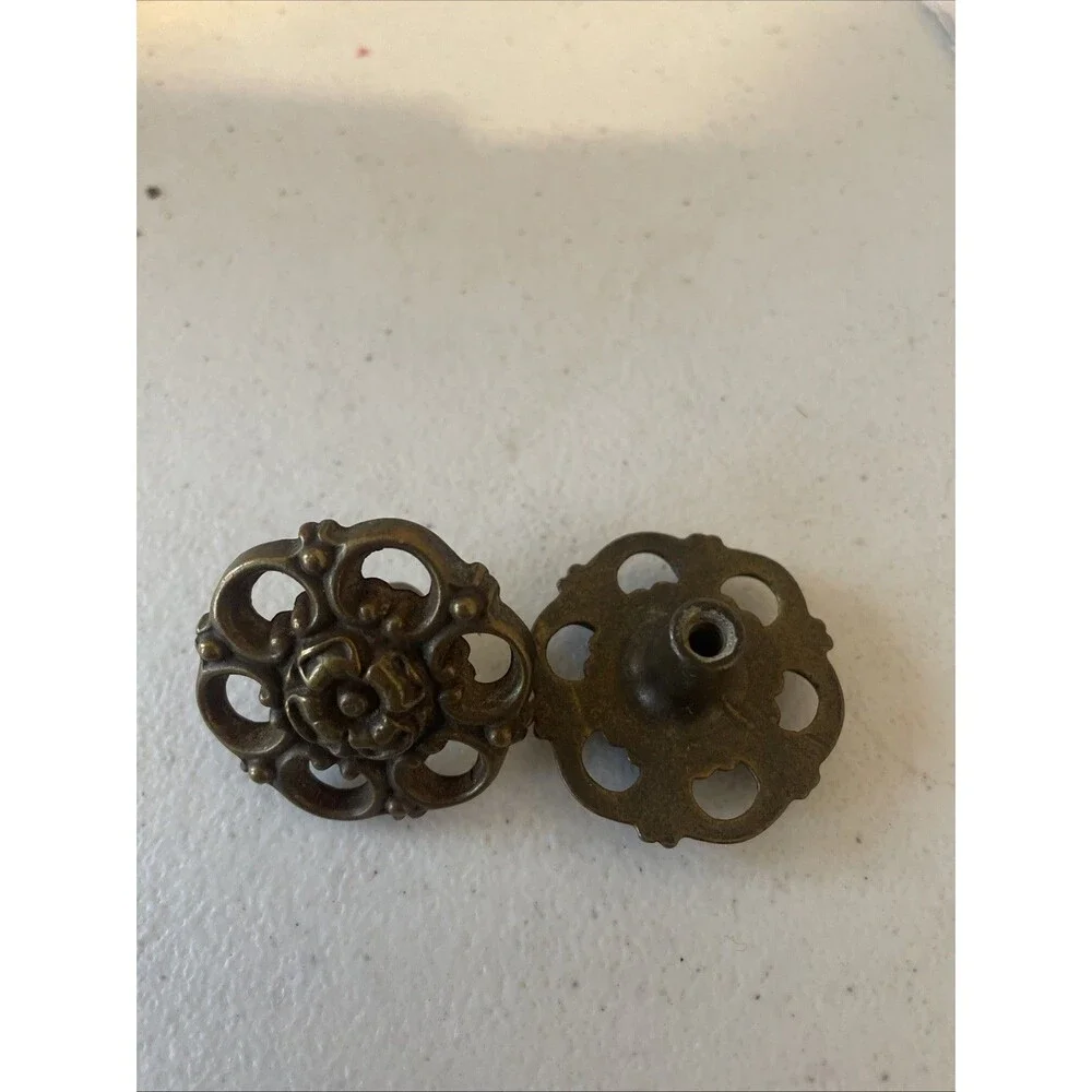 Vintage Ornate Brass Floral Cabinet Knobs Pair 1.5 Inches Pierced Filigree